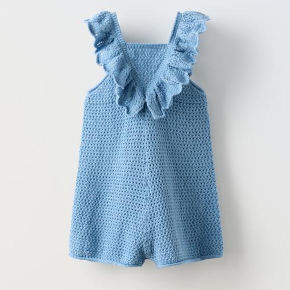Zara Light Blue Crochet Romper with Ruffle Straps